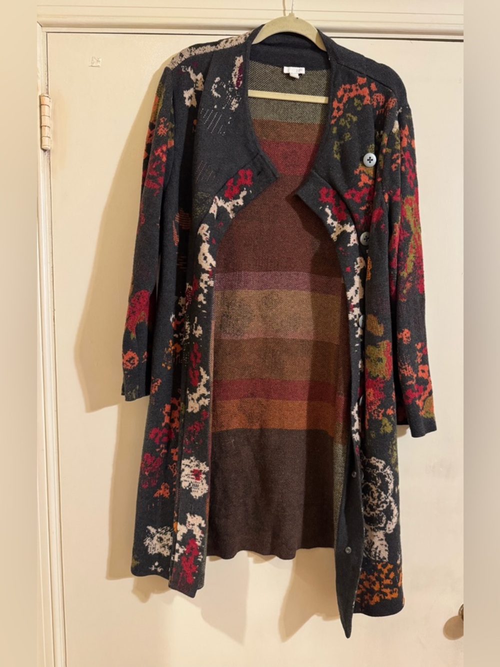 J. Jill Dark Charcoal Floral Long Cardigan with Multi-Color Stripes